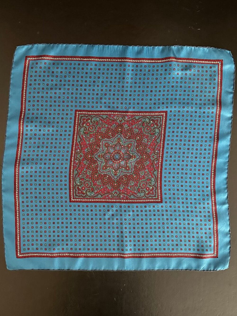 ✨💙 Vintage Silk Scarf Teal / Blue Red Paisley Hand Rolled Italy 19” Square 💙✨